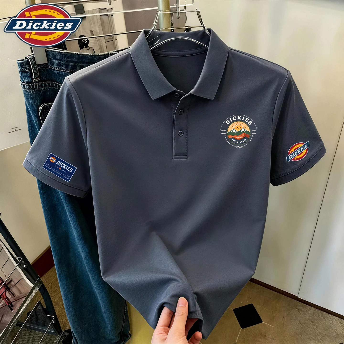 Dickies深灰色休闲时尚印花男士翻领POLO短袖上衣体恤衫宽松百搭