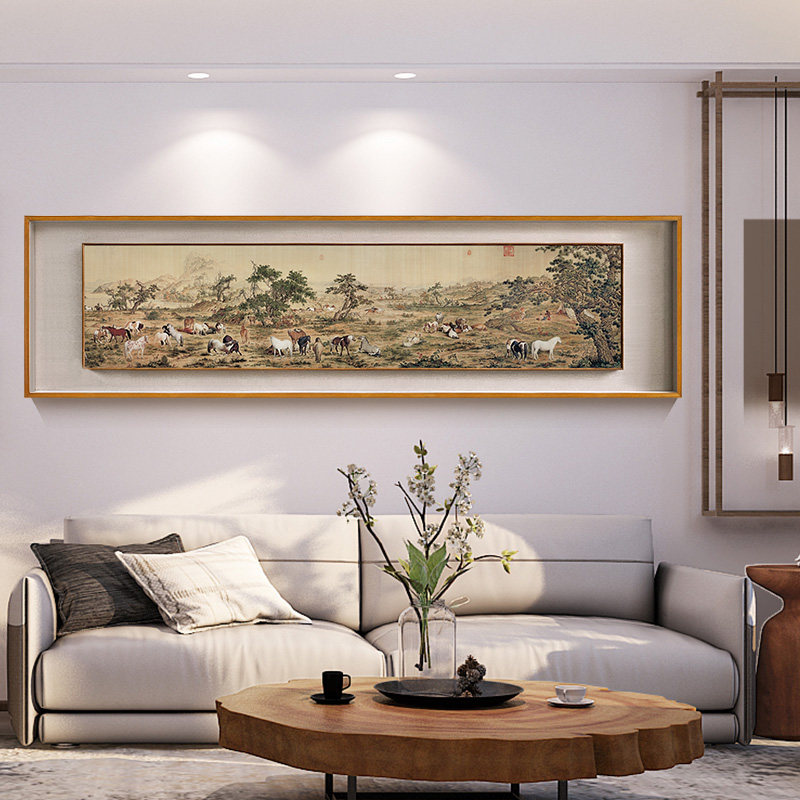 百骏图 新中式客厅装饰画沙发背景墙壁画茶室办公室实木双框挂画