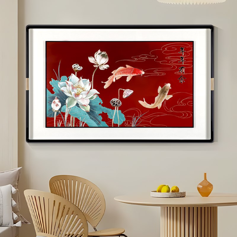 餐厅玄关2025年新款高档手工雕刻新中式铜雕画连年有余荷花锦鲤
