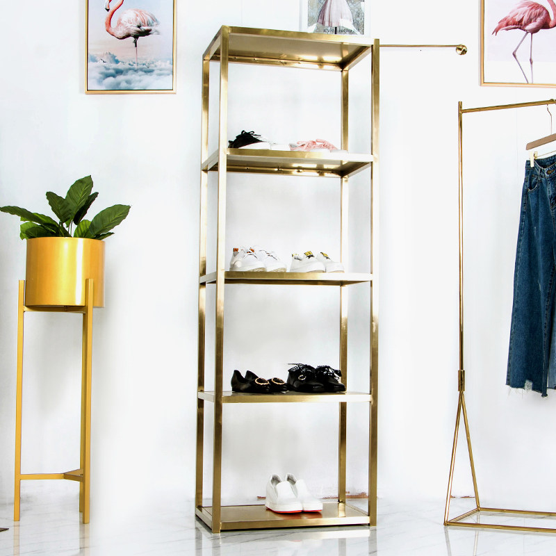 服装店铺鞋架展示架置物架多层不锈钢金色中岛架挂包架陈列包包架