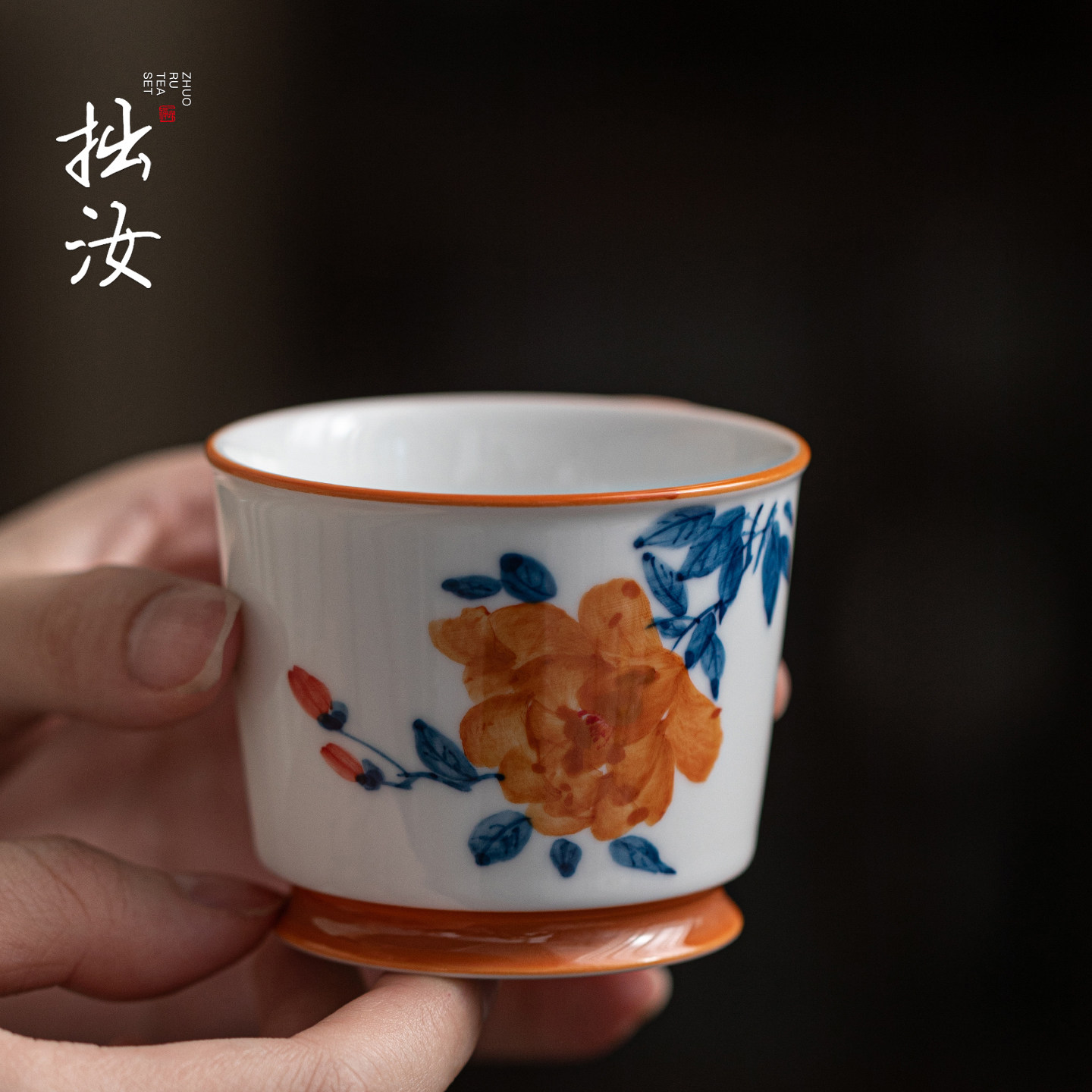 拙汝白瓷手绘牡丹陶瓷茶杯小清新釉下彩功夫茶具主人杯直桶杯单杯