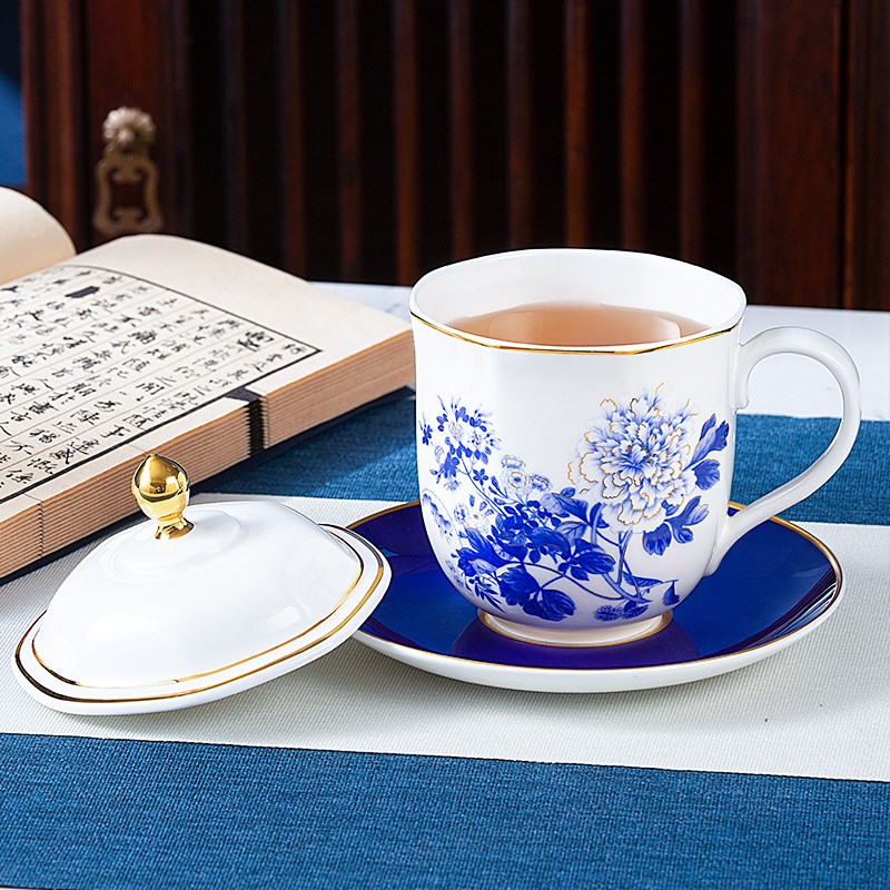 高淳陶瓷盛世同春茶杯男士青花水杯茶杯手绘中式盖杯送礼茶杯礼盒