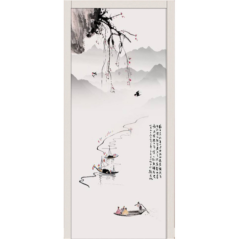 新中式山水衣柜门贴纸自粘装饰整张旧门翻新房间卧室木门玻璃贴画