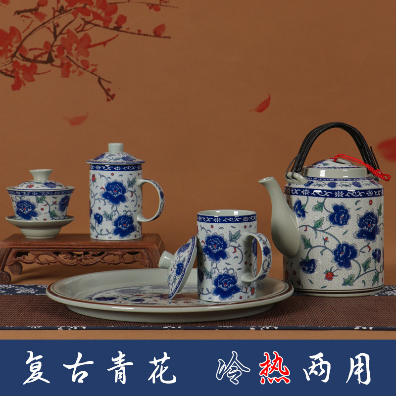 虎匠景德镇陶瓷大茶壶茶杯套装家用客厅中国风复古青花瓷整套茶具