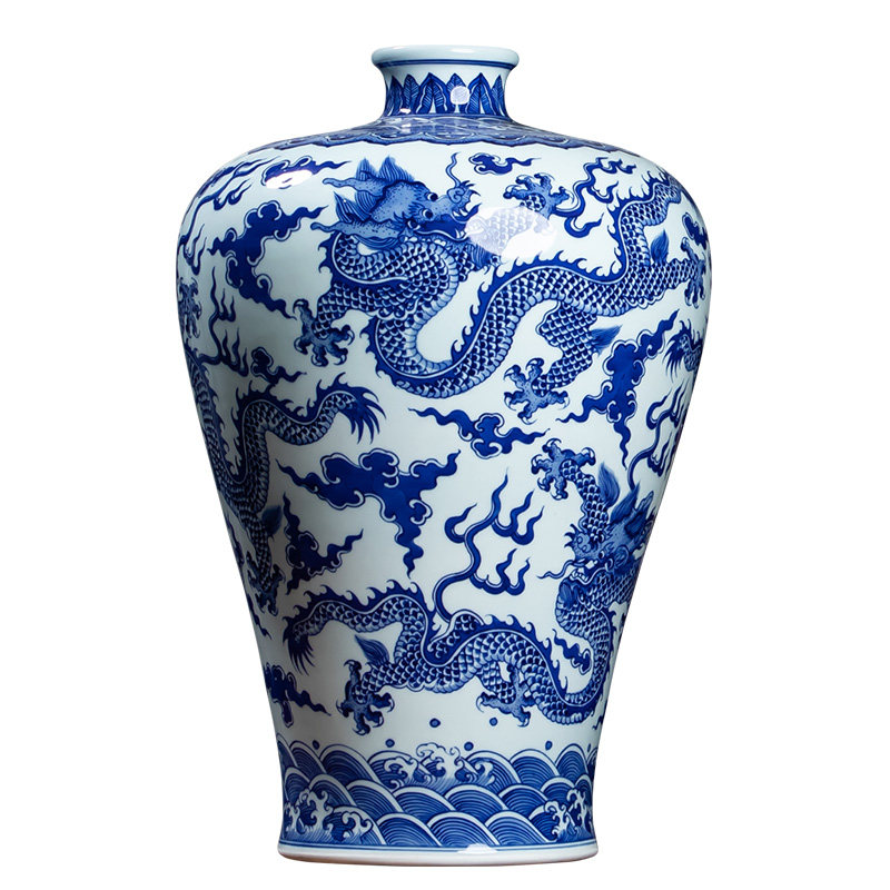 景德镇陶瓷花瓶中式龙纹梅瓶仿古瓷瓶客厅摆件高档瓷器家居装饰品