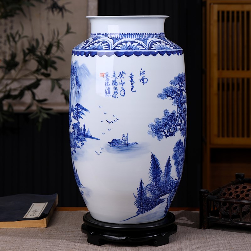 景德镇高温陶瓷器花瓶 手绘青花山水花插 家居客厅摆件工艺品摆设