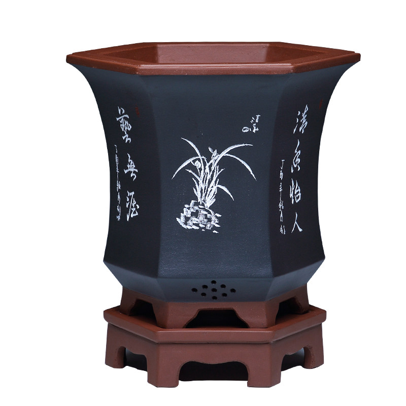 兰花花盆陶瓷托盘四方高端紫砂盆家用大君子兰专用花盆六角盆景盆