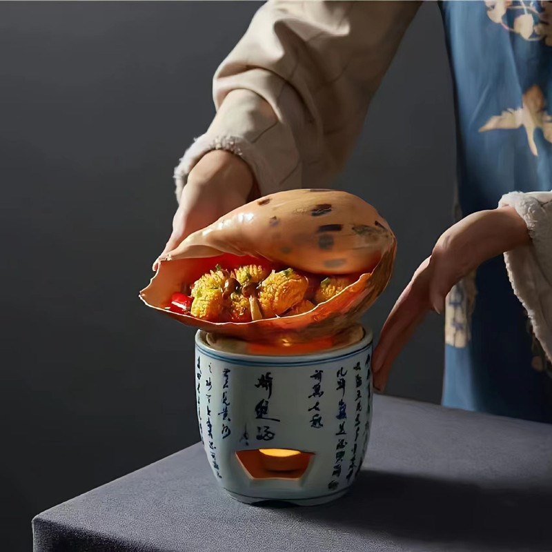 高档中式青花陶瓷炭烤黑金鲍鱼炉座烤响螺海鲜和牛餐具酒店饭店用