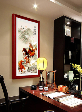 八骏图入户玄关装饰画竖版马到成功国画万马奔腾画客厅八马图挂画