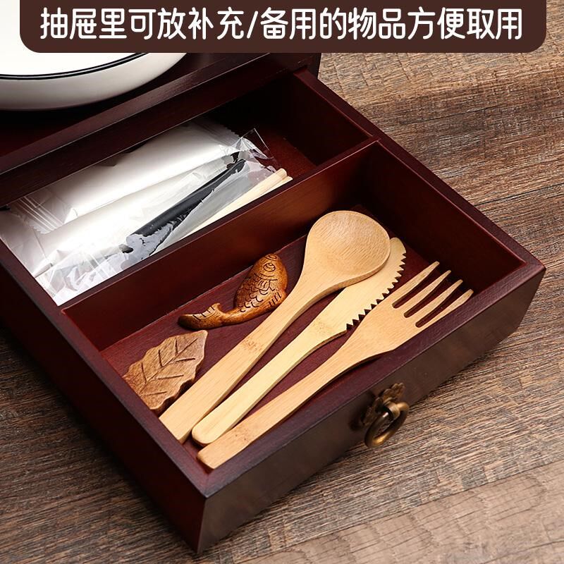 竹制复古中式点心提盒带抽屉创意收纳盒摆台意境菜盘酒店餐具高端