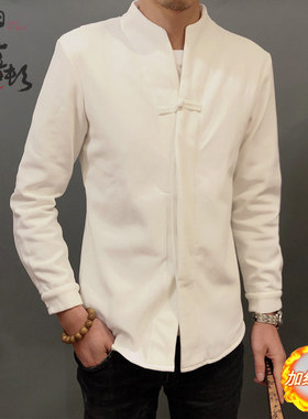秋冬加绒加厚长袖衬衫汉服衬衫男中式小唐装内衬盘扣中山装民族风