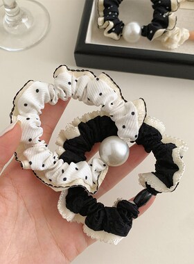 法式黑白波点花边k大肠发圈女发绳少女百搭珍珠头绳扎发皮筋发饰