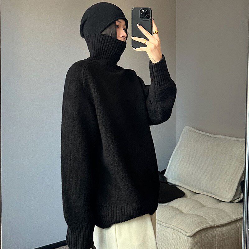 黑色中长款高领套头毛衣女秋冬外毛衣