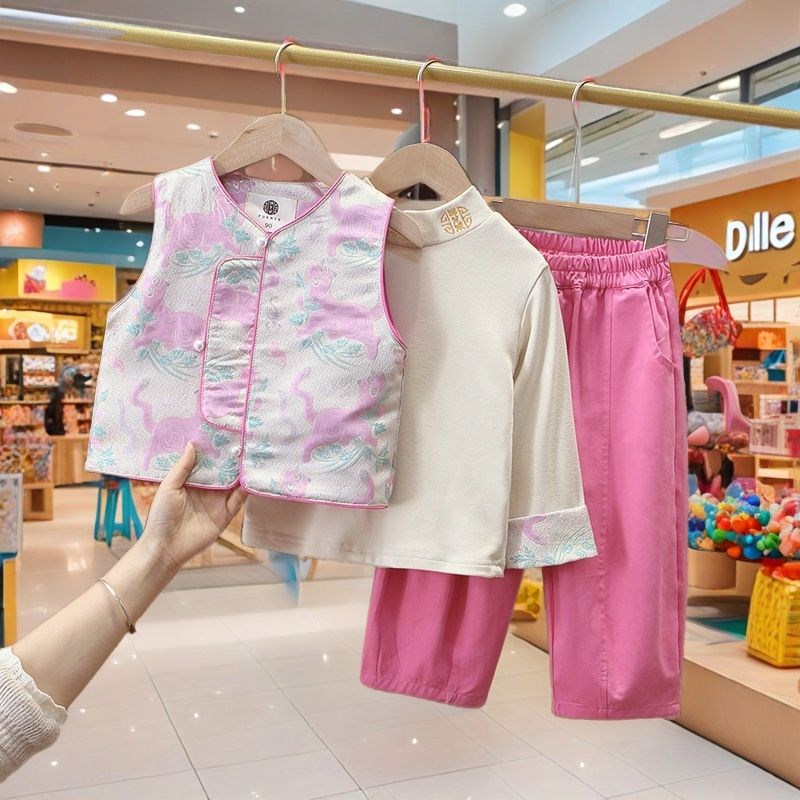 新中式国风唐装宝宝春装套装男童2025古J装女童汉服周岁马甲三件图片