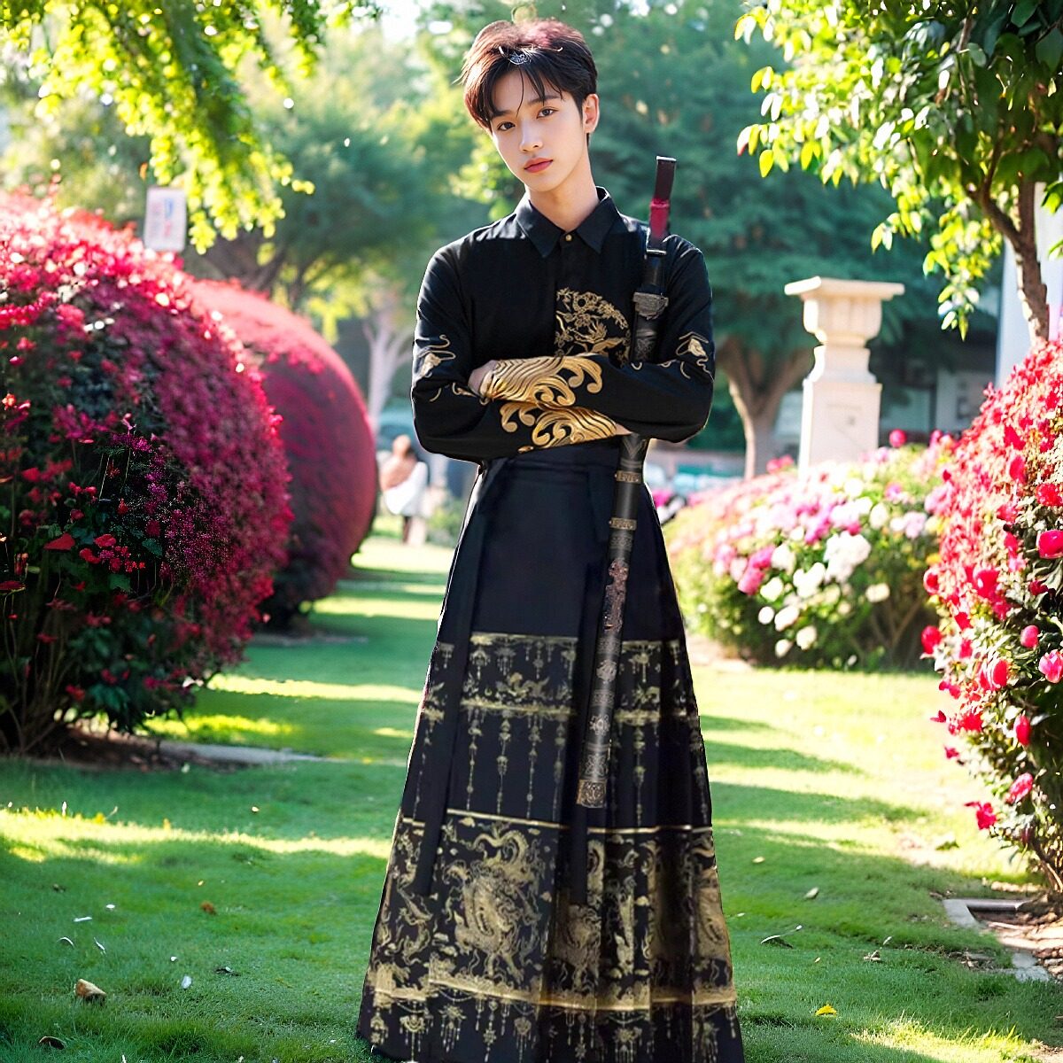 汉服男青少年马面裙日常可穿男款国风织金高端表演服班服套装春夏图片