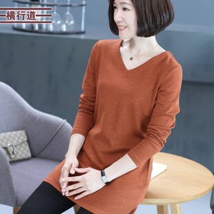 2021秋装新款v领中长款包臀打底衫长袖纯色上衣服女装t恤宽松纯棉
