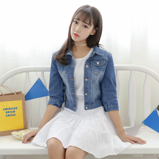 2021新品女装夏季七分袖牛仔外套女韩版修身显瘦休闲短款夹克潮