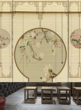 印花竹帘卷帘窗帘日式复古喷绘画竹帘子塌塌米隔断遮阳帘升降卷帘