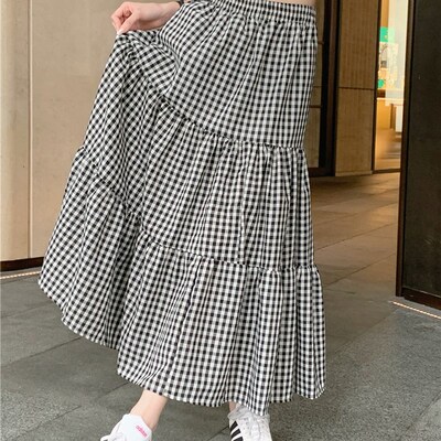 格子长裙女夏季高腰大摆型伞裙a字中长款显瘦复古方格下半身裙子