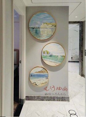 圆形手绘莫奈日出风景高级感撑伞的女人玄关过道走廊三联艺术油画