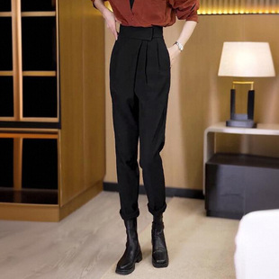 高腰魔术贴哈伦裤女春季2025新款黑色裤子春款女士九分休闲西装裤