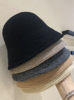 日系秋冬渔夫帽子羊绒毛线帽女保暖可调节百搭针织大头水桶帽盆帽