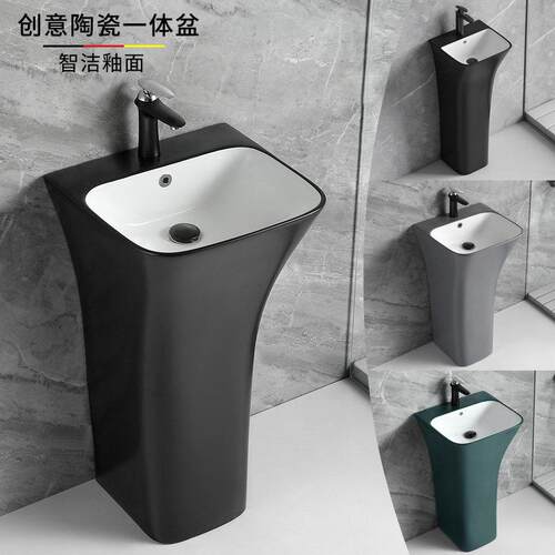 立柱洗手盆陶瓷一体洗脸盆落地式化妆室黑灰绿色小户型洗漱台户外