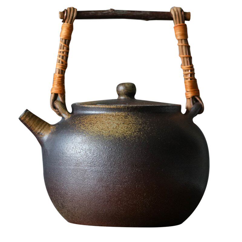 景德镇纯手工茶壶日式复古陶壶藤编提梁烧水壶煮茶壶煮茶器柴窑