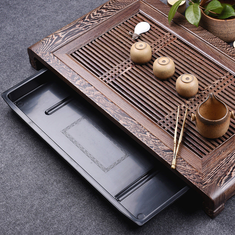 从简黑檀木茶盘抽屉式家用鸡翅实木大号茶台功夫茶具储水茶海托盘