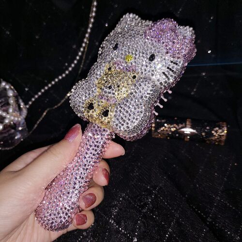 网红可爱卡通猫水钻补妆化妆镜少女心梳妆手持镜家用气垫木梳镜子