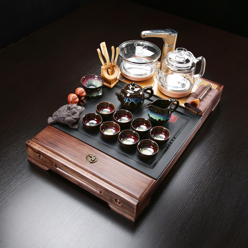 乌金石茶具套装家用客厅简约小型全自动上水玻璃煮茶盘陶瓷功夫杯