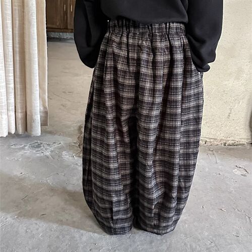 暮晨家新款秋冬2024男童磨毛格子萝G卜裤长裤中小童森系复古阔腿