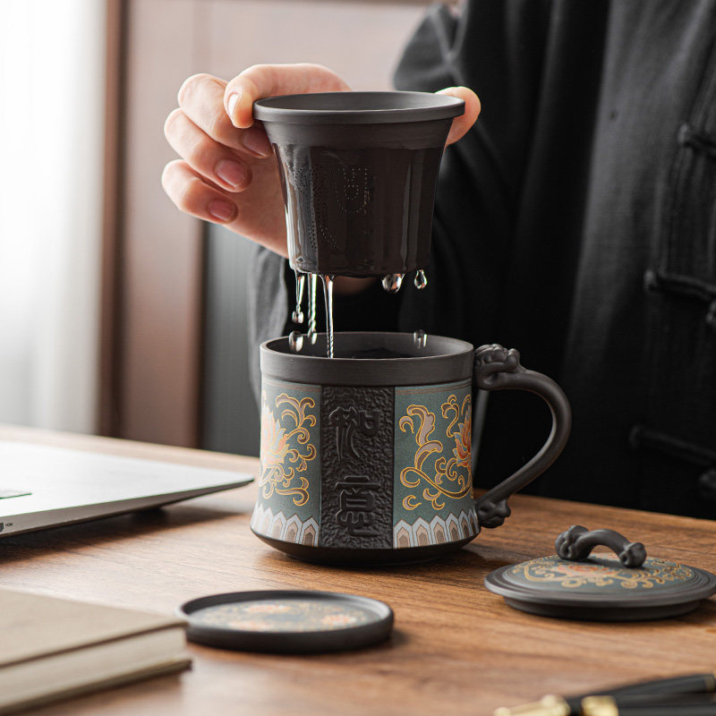 紫砂茶杯带盖过滤茶水分离杯家用个人专用高档男士办公杯泡茶水杯