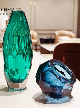 北欧水晶切面创意艺术蓝绿色干花瓶餐桌面摆件酒店样板房展厅饰品
