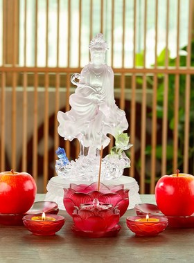 古法琉璃莲花纹圣水杯供奉套装花瓶果碟香炉烛台客厅桌面装饰红色