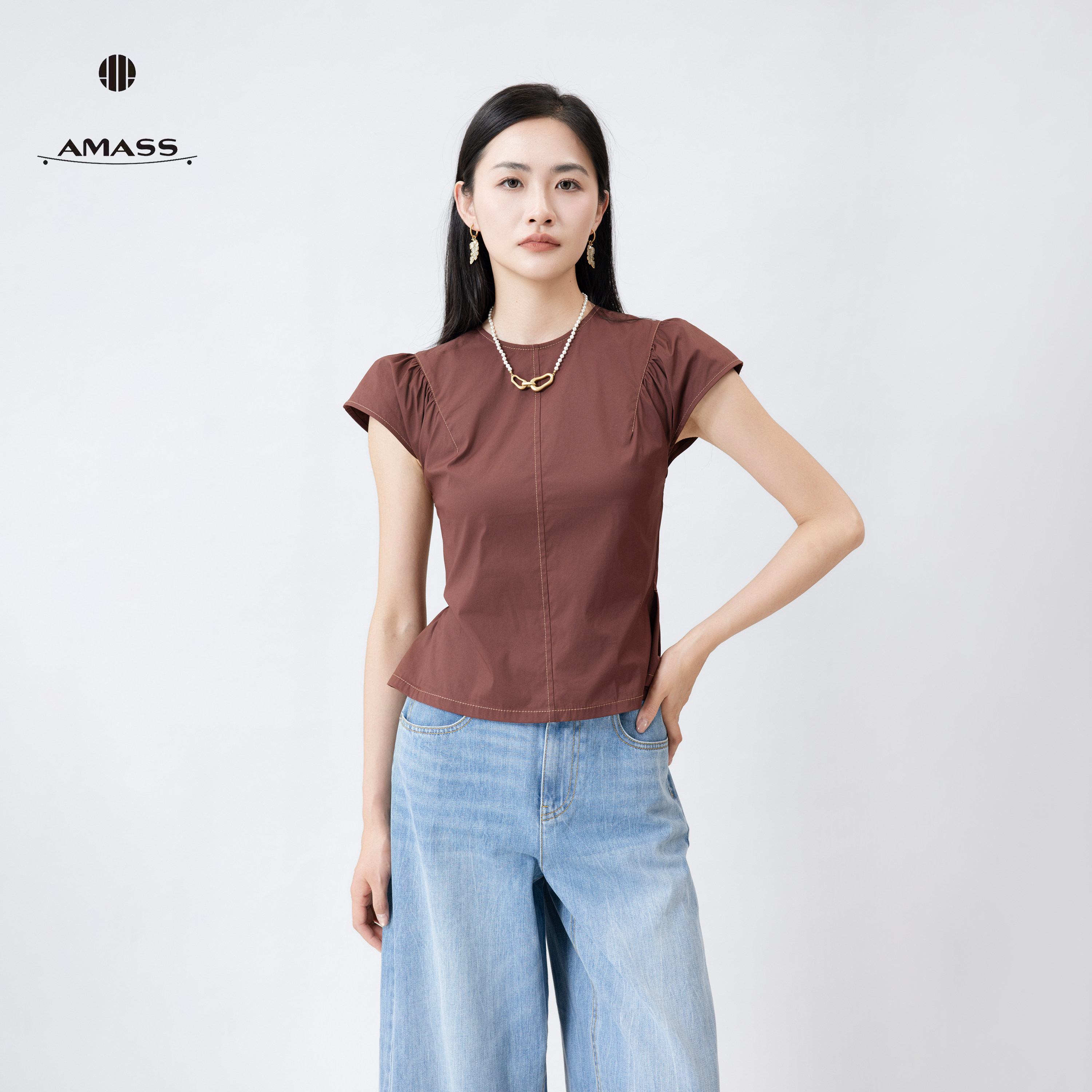 极简赫本风女收腰显瘦短袖衬衫