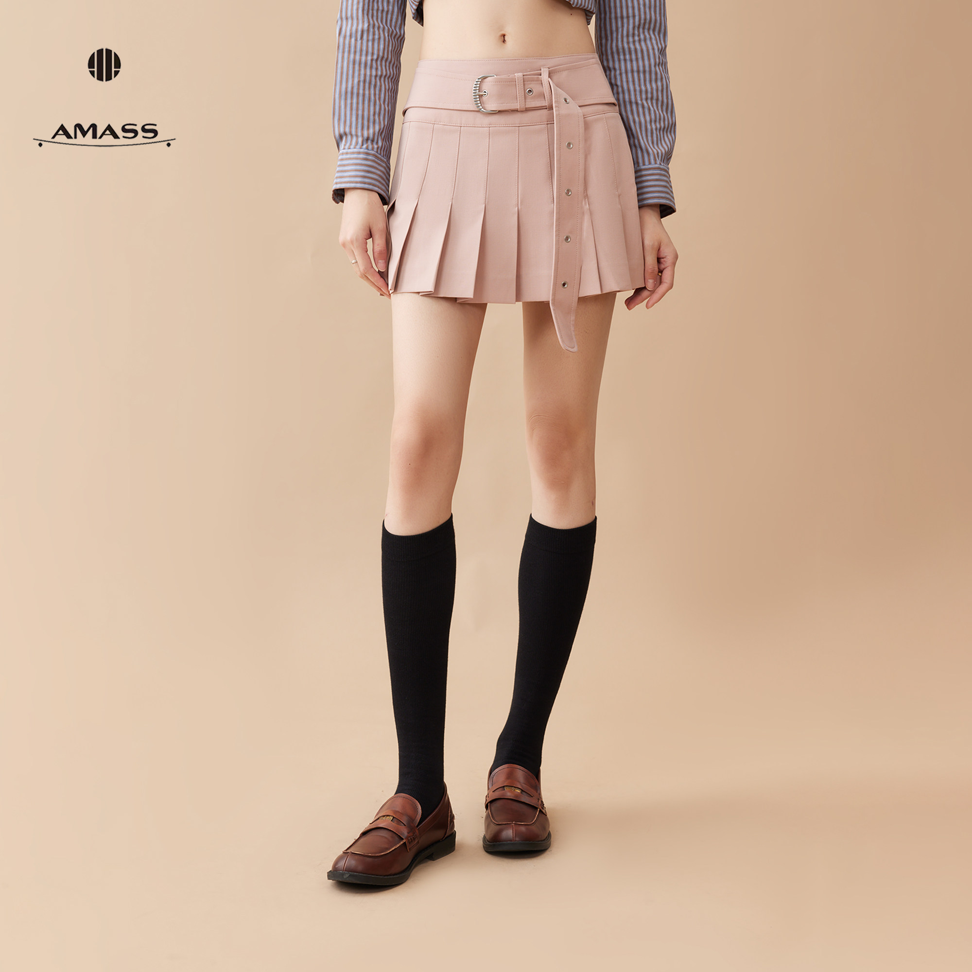 阿玛施时尚俏皮中腰学院风女团风百褶短款半身裙520071-253875