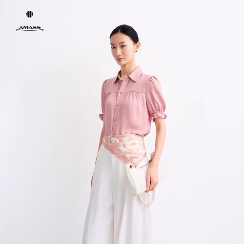 阿玛施简约复古法式抽褶端庄气质短袖简约衬衫 530007-1119075