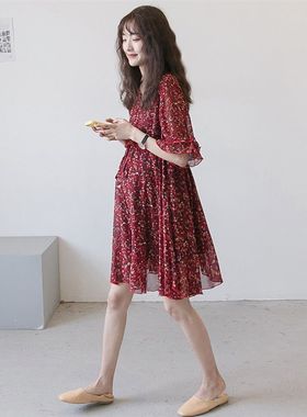 雪纺孕妇连衣裙夏装时尚宽松红色 气质碎花中长款孕妇装夏天裙子