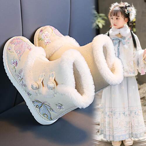 女童鞋汉服鞋儿童靴子2025冬季新款女孩马面裙古风绣花鞋加绒棉鞋
