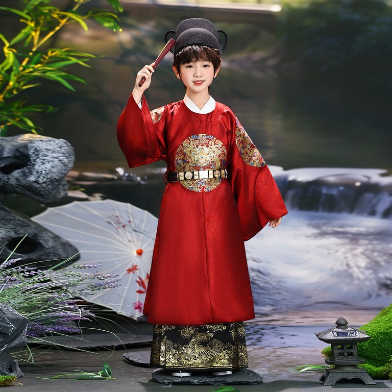 儿童明制汉服男童2026新款高端龙补圆领袍套装中国风春款古风古装图片