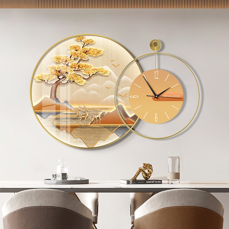 新中式餐厅装饰画带钟表轻奢福鹿饭厅挂画餐桌背景墙装饰壁画时钟