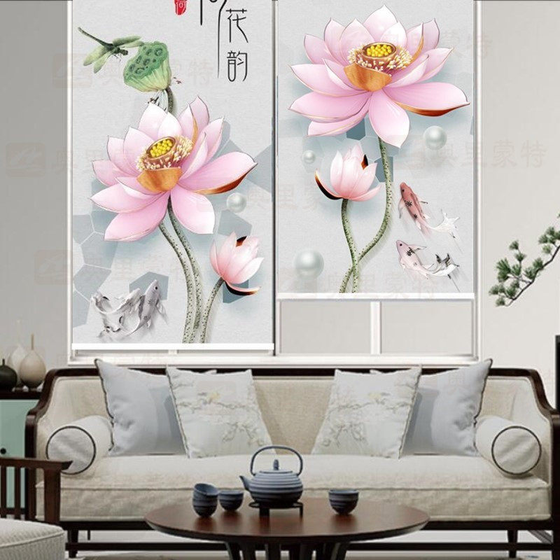 厨房防油卫生间窗帘防水卷帘升降遮阳隔热防晒拉帘3D立体莲花荷花