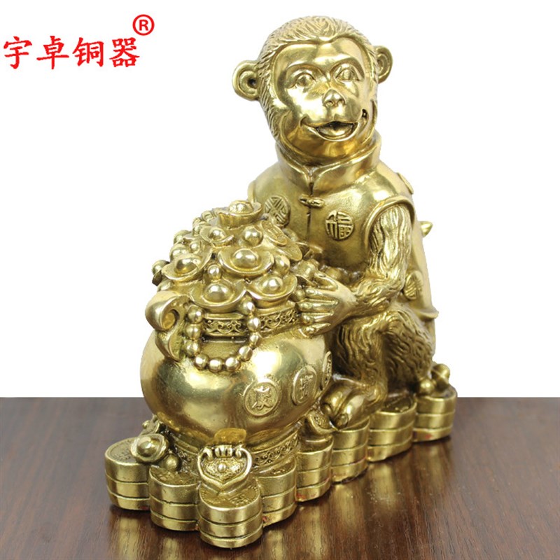 宇卓铜器铜猴抱聚宝盆猴子铜工艺品摆件 纯铜猴黄铜猴