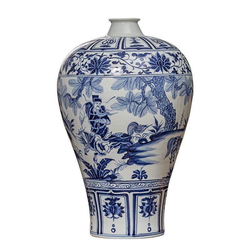 景德镇陶瓷花瓶仿古元青花瓷梅瓶手绘萧何月下追韩信客厅瓷器摆件