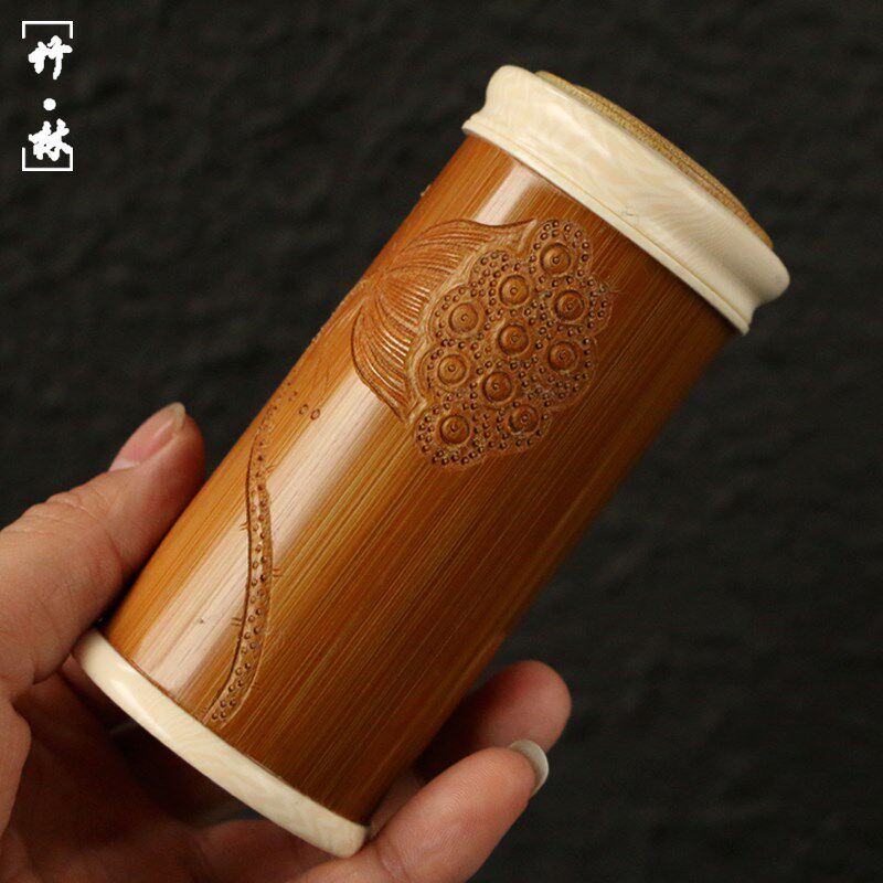 精品纯手工海派精工镶嵌老玉竹茶叶罐竹雕莲蓬图竹茶仓便携式茶筒
