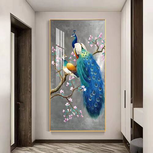 网红孔雀玄关装饰画入门竖版背景墙壁画轻奢中式走廊过道尽头挂画