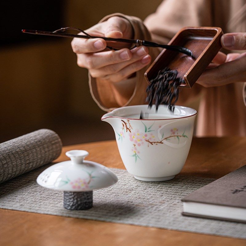 手绘桃花白瓷快客杯旅行包便携式手抓壶茶具套装二人泡茶杯陶瓷