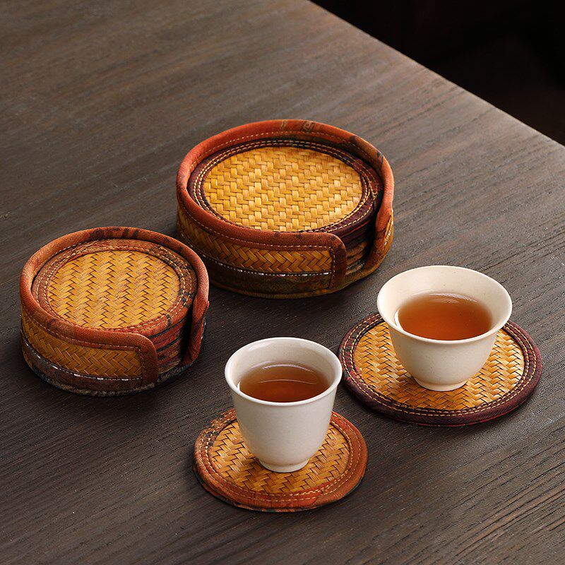 青花彤手日式工竹编布艺宋锦茶杯垫杯托隔热垫防烫餐桌垫茶具配件