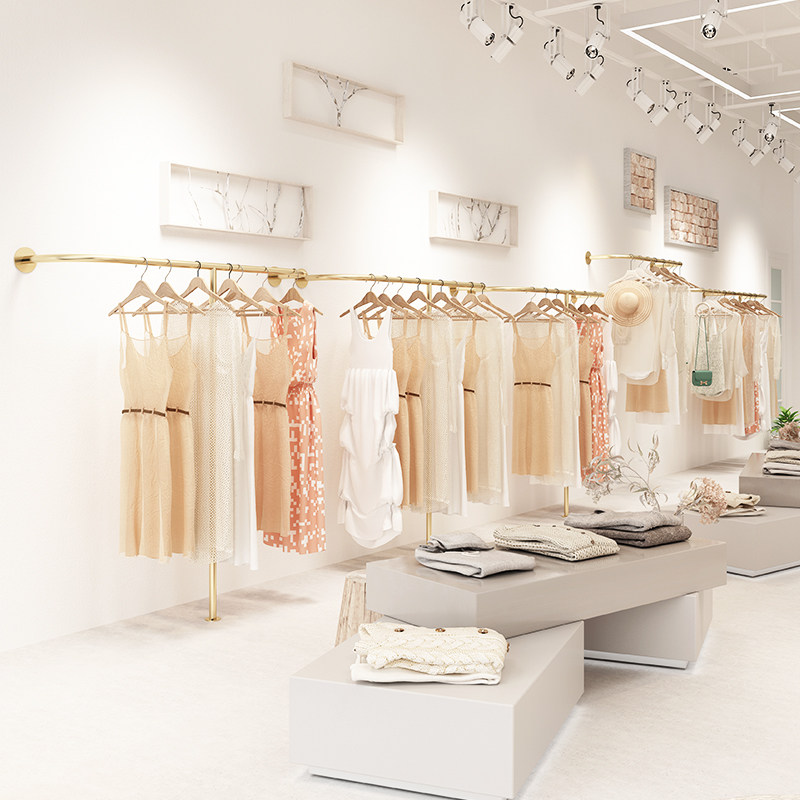 金色服装店展示架落地式银色挂衣架男女装店装修衣帽货架上墙侧挂